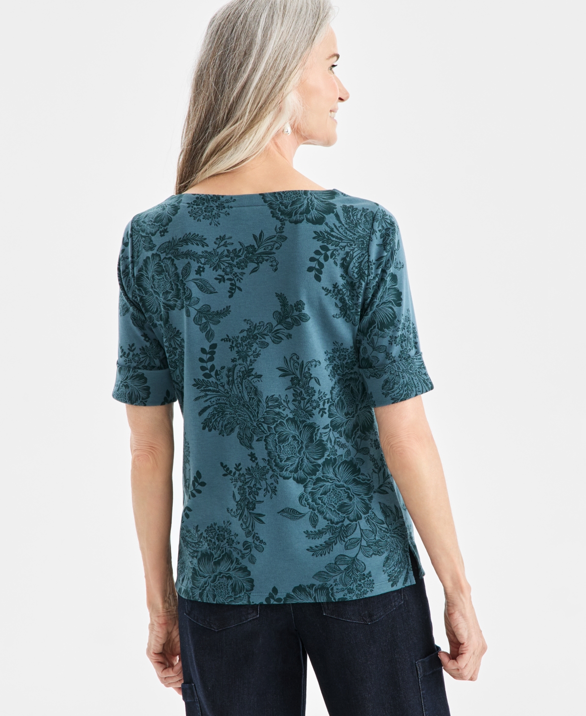 Style & Co Petite Floral Printed Elbow Sleeve Top, Macy's Exclusive In Blue