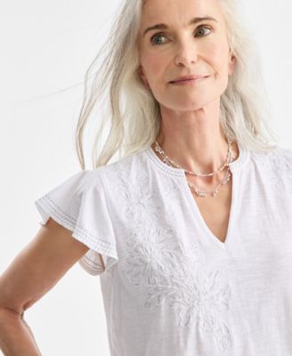 Women's Cotton Embroidered Flutter-Sleeve Knit Top, Macy's Exclusive