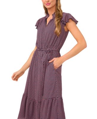 Women's Double Ruffle Scalloped Sleeve Midi Dress