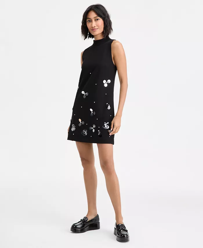 Women's Paillette Embellished Mock Neck Shift Dress