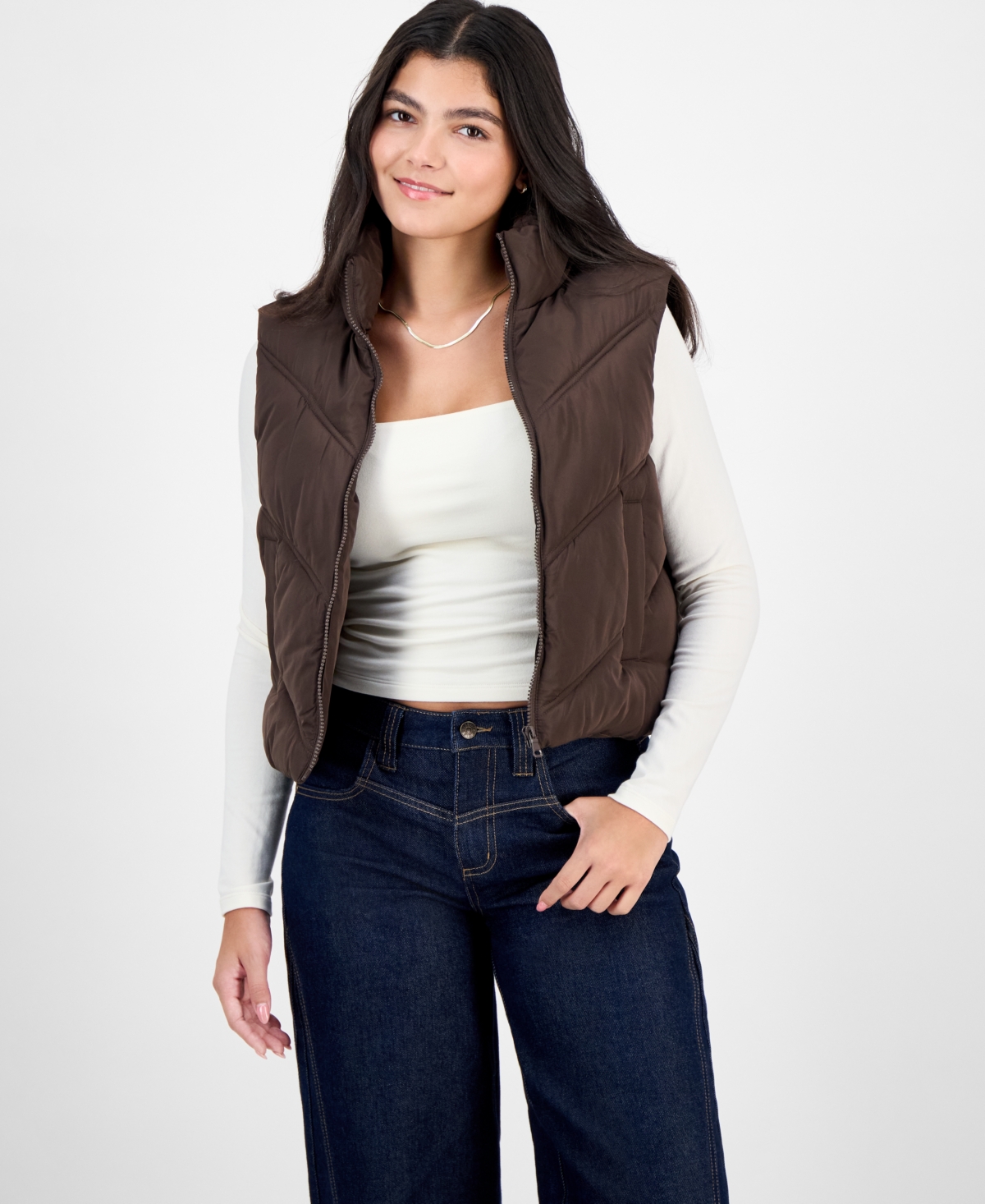 Madden Girl Juniors' Bungee-hem Mitered Puffer Vest In Brown