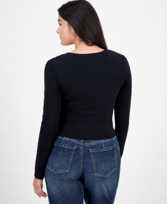 Juniors' Square-Neck Long-Sleeve Knit Top