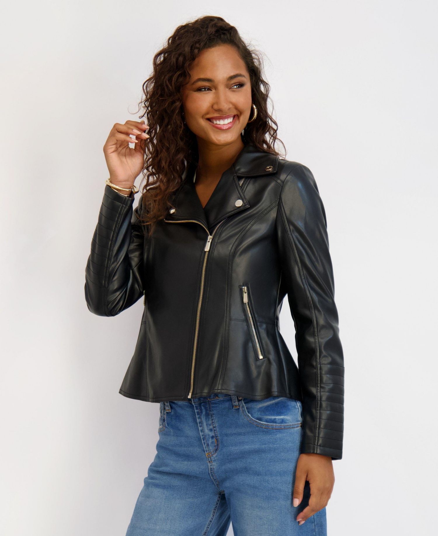 Women's Faux Leather Moto Jacket With Peplum and Quilted Details