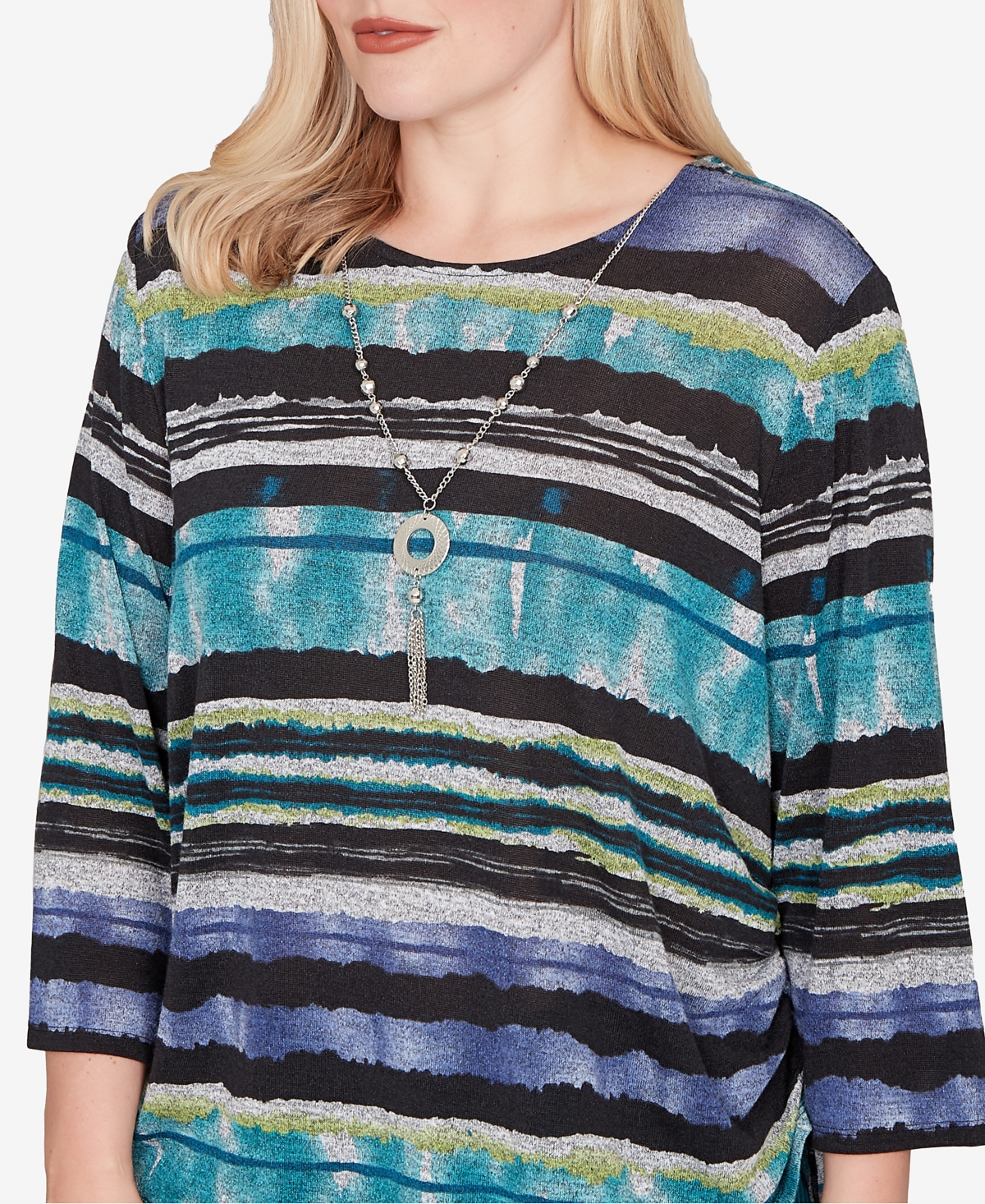 Alfred Dunner Petite Lake Champlain Biadere Melange Stripe Top With Necklace In Multi