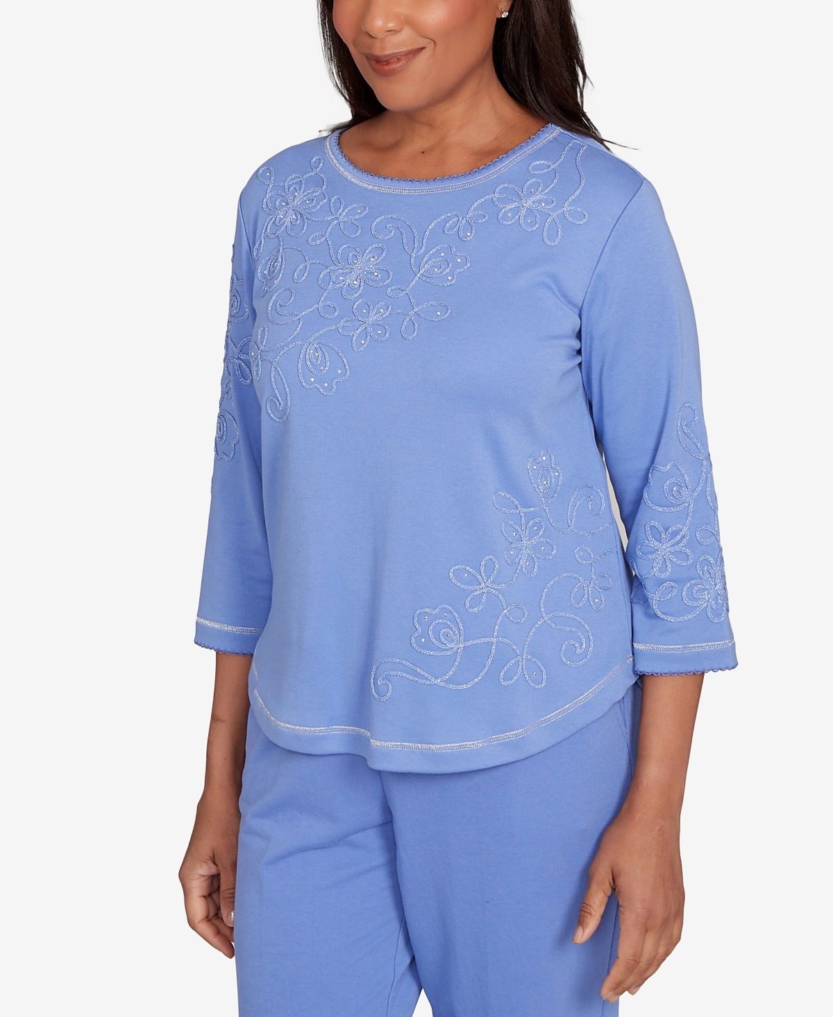 Alfred Dunner Petite Casual Vibe Asymmetrical Floral Embroidered Detail Top In Blue