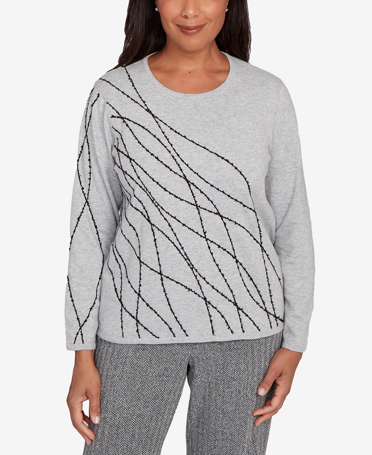 Alfred Dunner Petite Jet Setter Abstract Cording Sweater In Gray