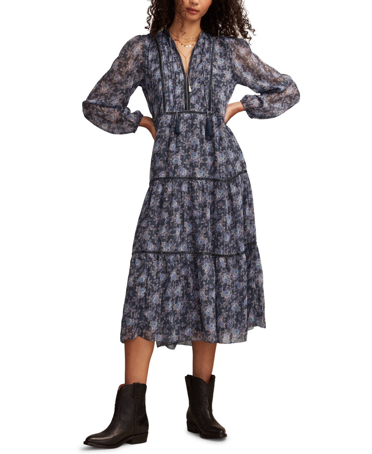 Lucky Brand Floral Print Long Sleeve Maxi Dress In Blue
