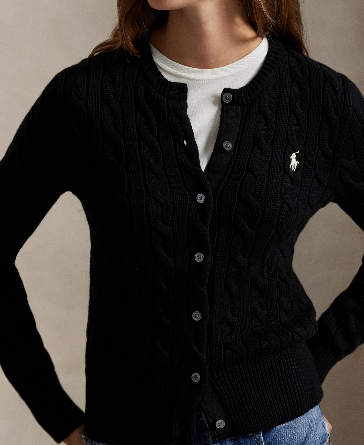 Polo Ralph Lauren Button-up Cable Knit Sweater-cardigan With Ribbed Detailing In Black