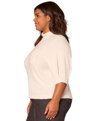 Plus Size Pleated Elbow Sleeve Mock Neck Knit Top