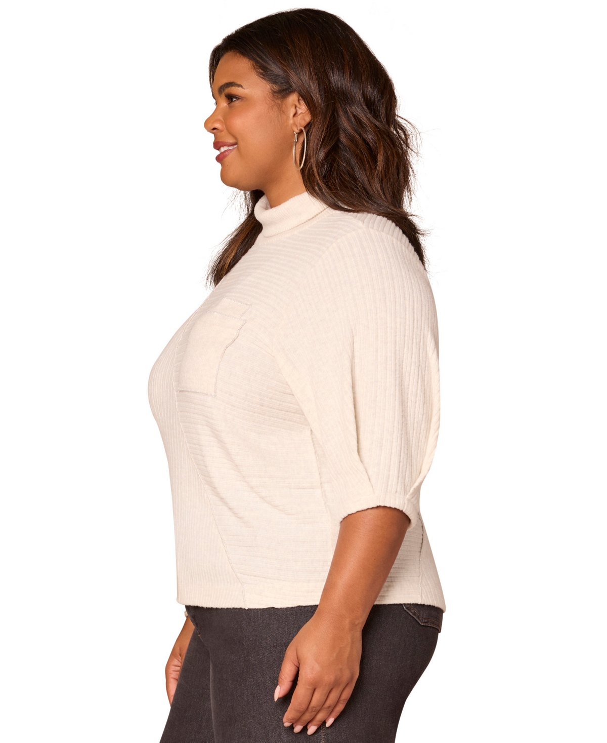 Democracy Plus Size Pleated Elbow Sleeve Mock Neck Knit Top In Pink