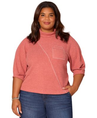 Plus Size Pleated Elbow Sleeve Mock Neck Knit Top