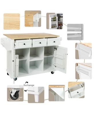 Kitchen Island Cart with Drop Leaf, Rubber Wood Top, 3 Drawers & Internal Racks, Rolling Storage on Wheels