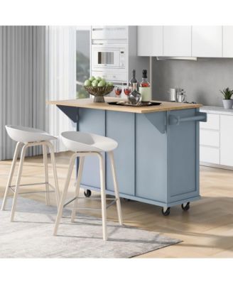 Kitchen Island Cart with Drop Leaf, Rubber Wood Top, 3 Drawers & Internal Racks, Rolling Storage on Wheels