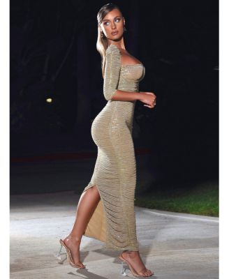 Women's Sorrel Gold Ruched Chiffon Long Maxi Dress