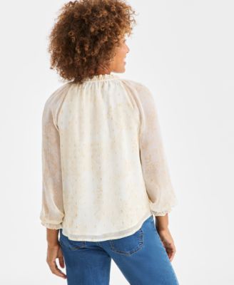 Petite Floral Shine Ruffled Button-Front Blouse, Macy's Exclusive