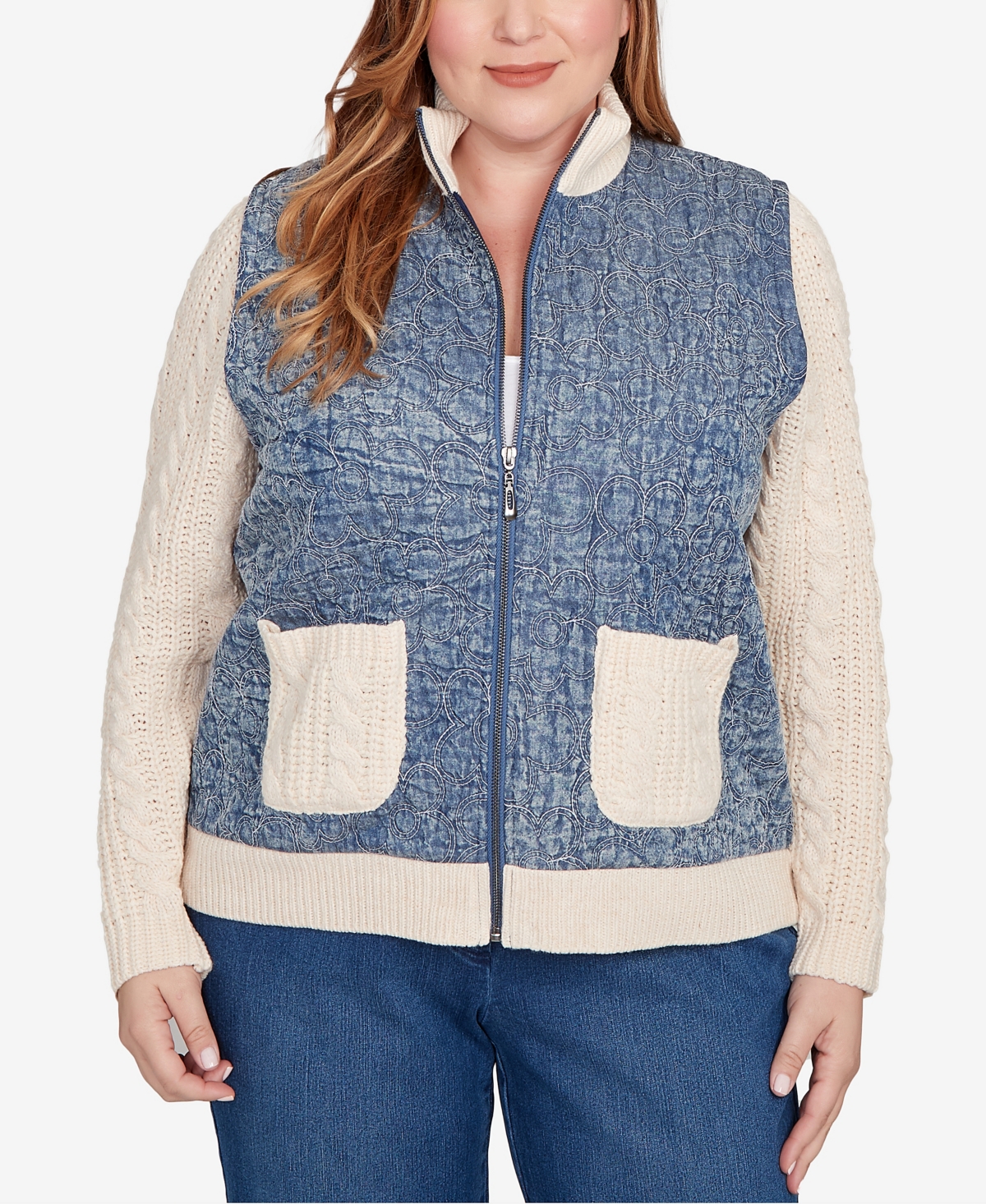 Alfred Dunner Plus Size Sunset Canyon Sweater Ribbed Quilted Jacket In Blue