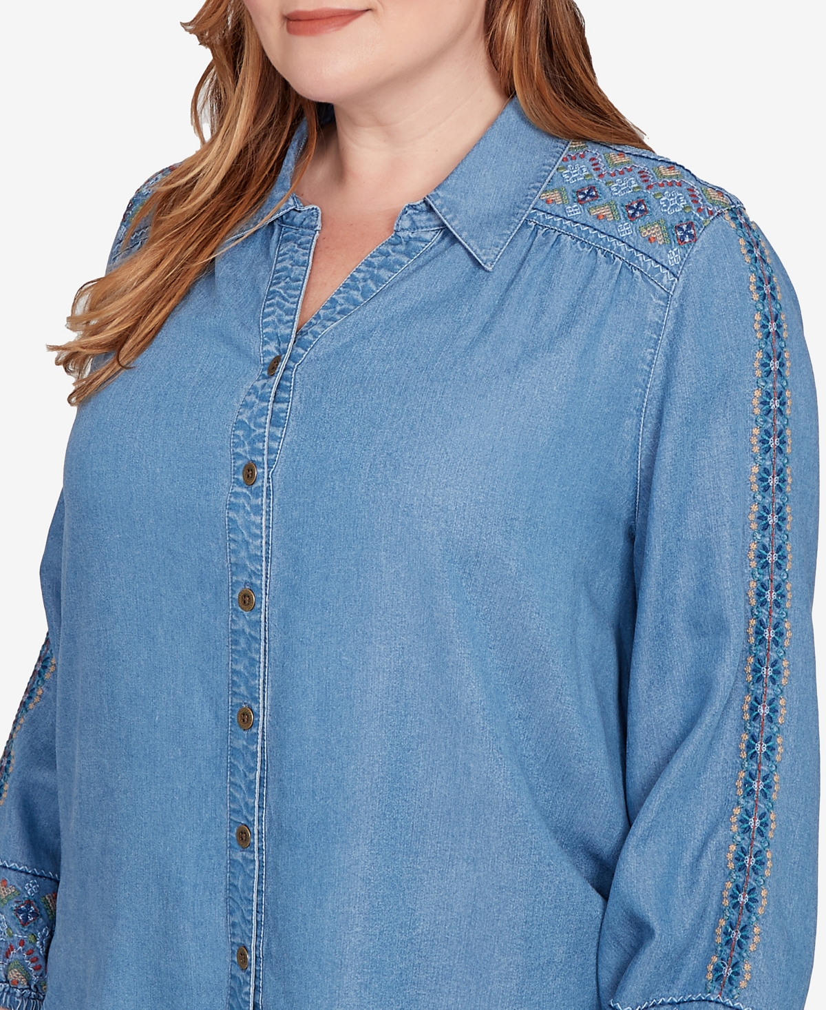 Alfred Dunner Plus Size Sunset Canyon Needlepoint Embroidered Button Front Top In Blue