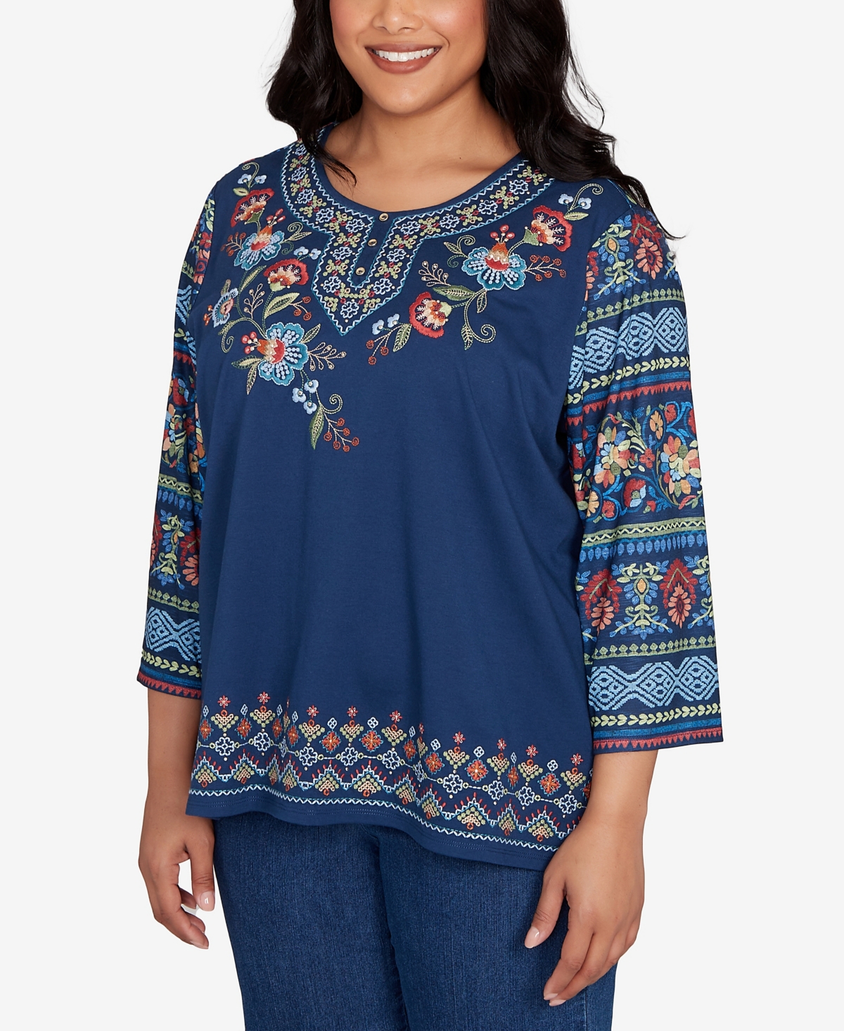 Alfred Dunner Plus Size Sunset Canyon Printed Sleeve Floral Embroidered Top In Blue