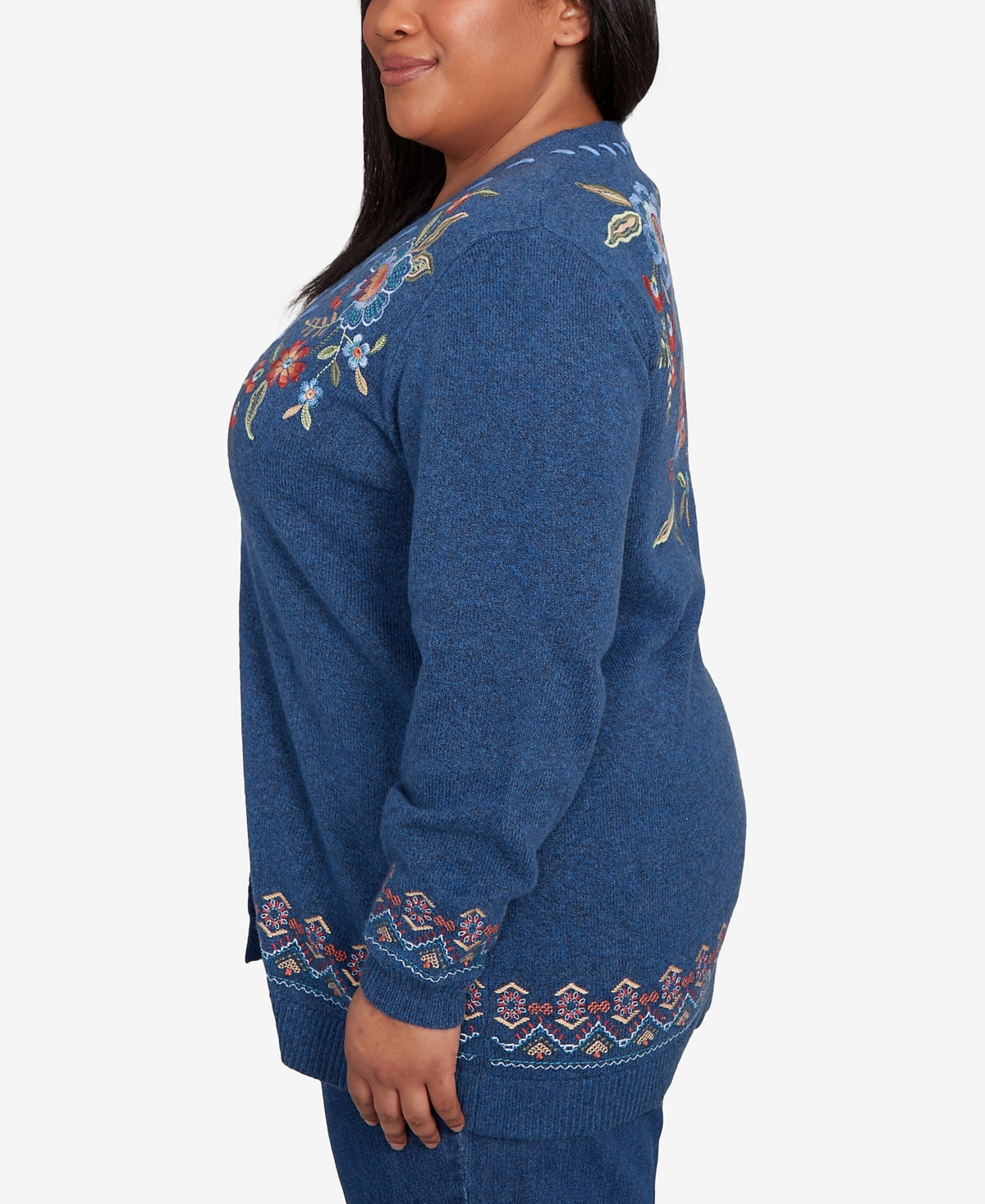 Alfred Dunner Plus Size Sunset Canyon Embroidered Flower Long Sleeve Cardigan Sweater In Blue
