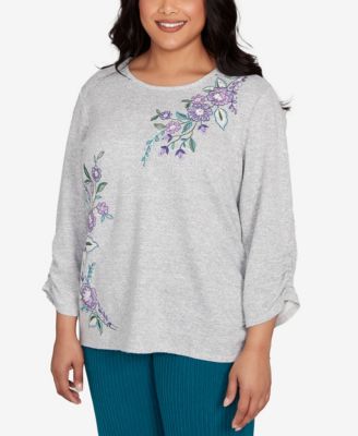 Plus Size Lake Champlain Embroidered Flowers Top with Side Tie Ruching