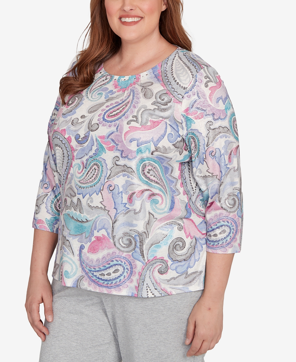 Alfred Dunner Plus Size Casual Vibe Pleated Paisley Crew Neck Top In Multi