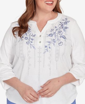 Plus Size Casual Vibe Geometric Floral Ruched Henley Top