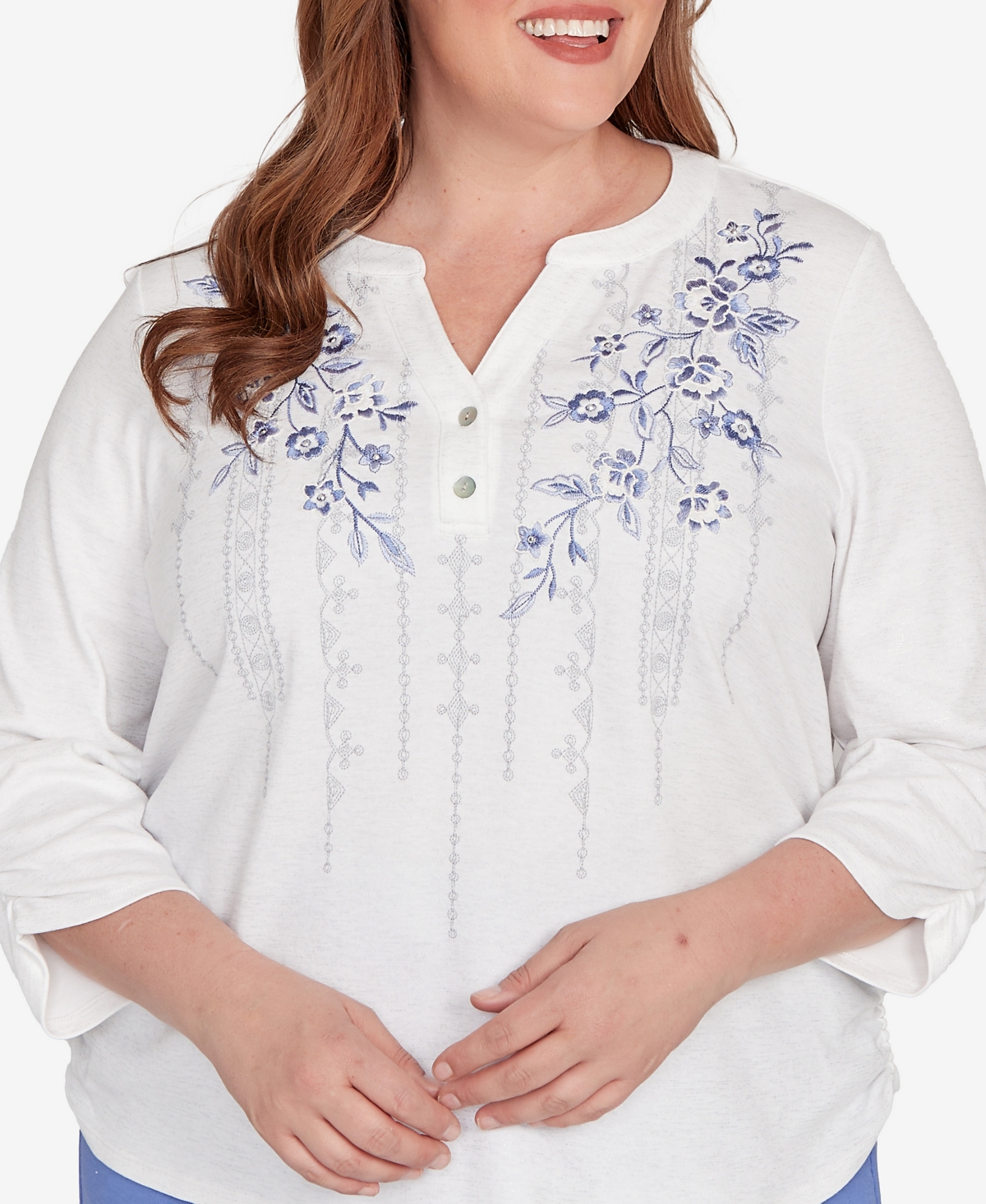 Alfred Dunner Plus Size Casual Vibe Geometric Floral Ruched Henley Top In White