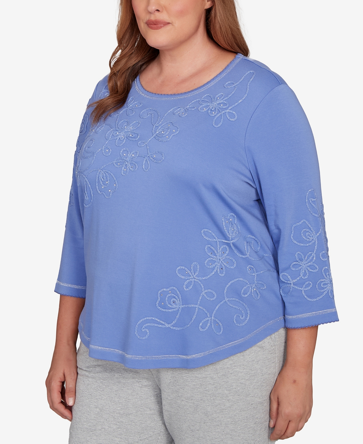 Alfred Dunner Plus Size Casual Vibe Asymmetrical Floral Embroidered Detail Top In Blue