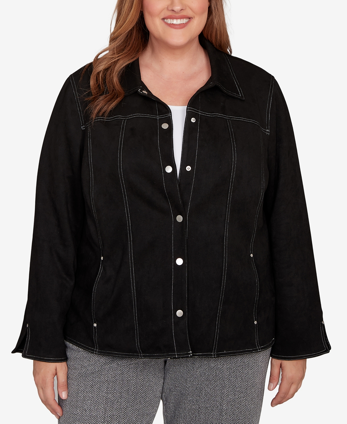 Alfred Dunner Plus Size Jet Setter Print Lining Faux Suede Jacket In Black