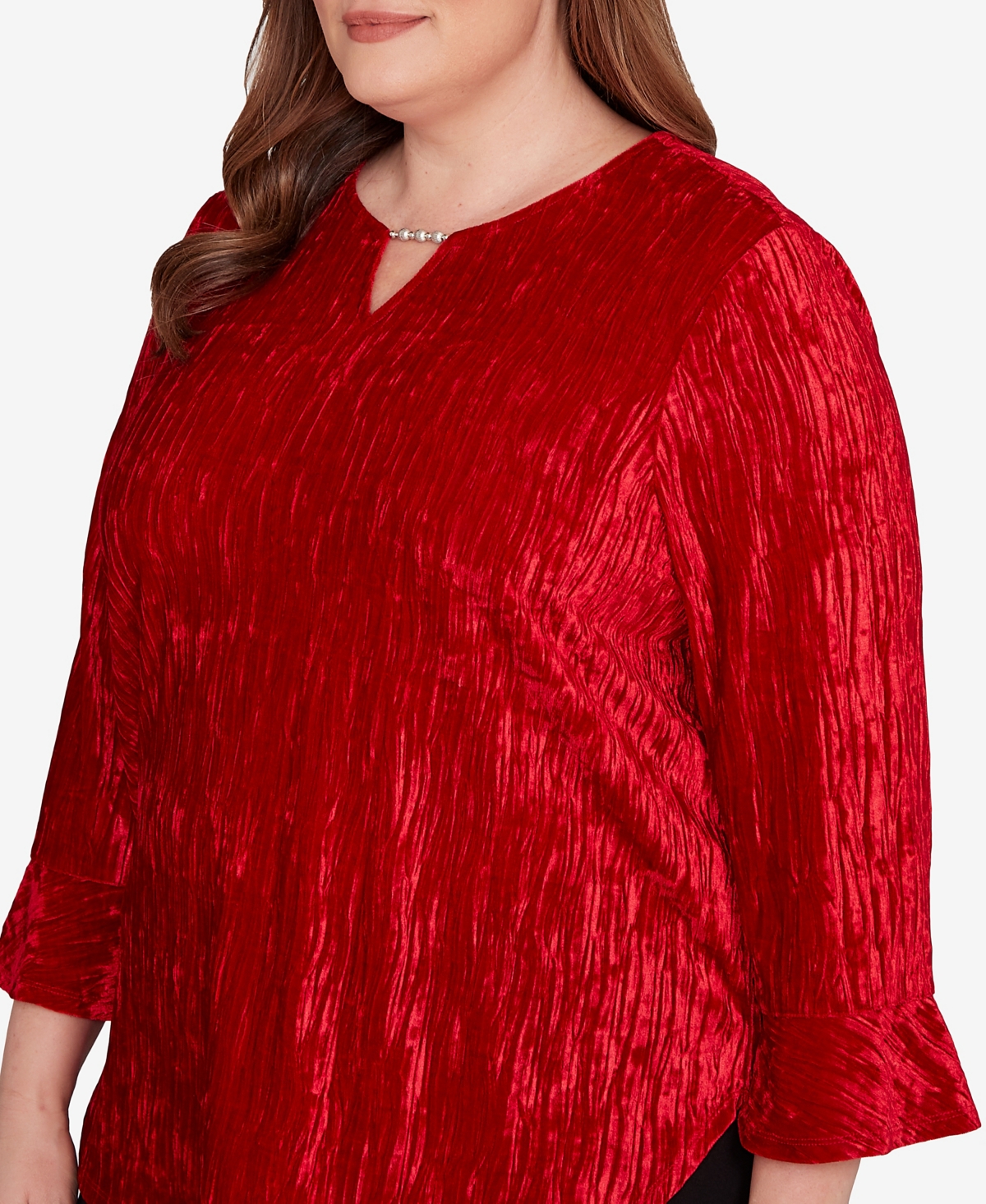 Alfred Dunner Plus Size Jet Setter Crushed Velvet Henley Tie Sleeve Top In Red