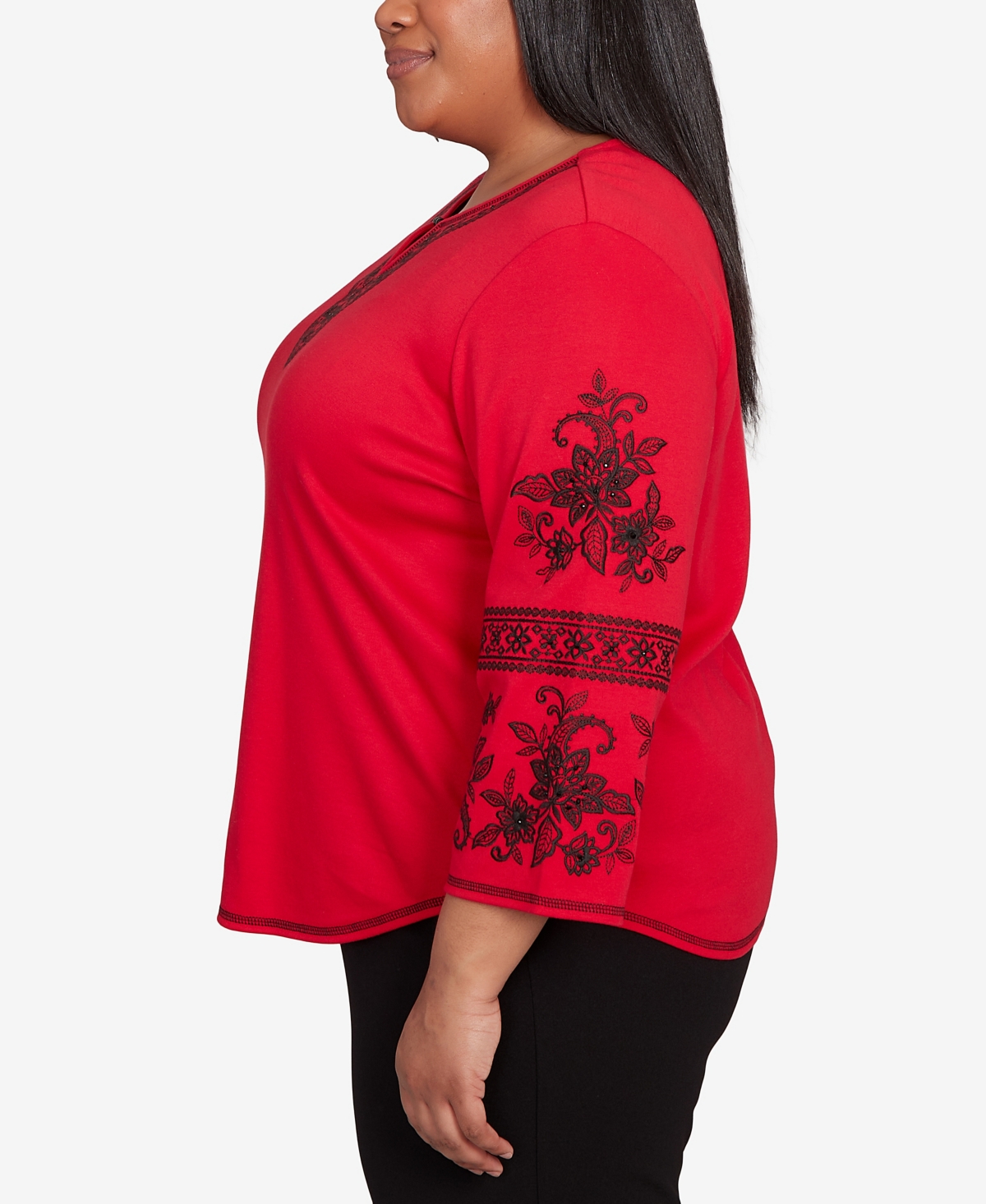 Alfred Dunner Plus Size Jet Setter Knit Embroidered Sleeve Beaded Split Neck Top In Red