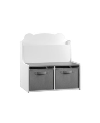 Kids White and Gray Wooden Bookshelf with  Book Display Shelf and 2 Fabric Bins, Cute Bear-Shaped Backboard