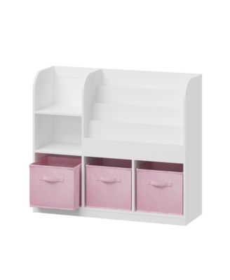 36 in. Wide White/Pink Multifunctional Kids Bookcase and Bookshelf with 3 Collapsible Fabric Drawers Bookcase Display Stand