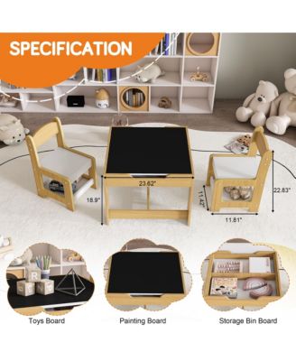 Natural Wood 3-in-1 Kids Study Table and Chairs Set with Detachable Blackboard Top for Drawing