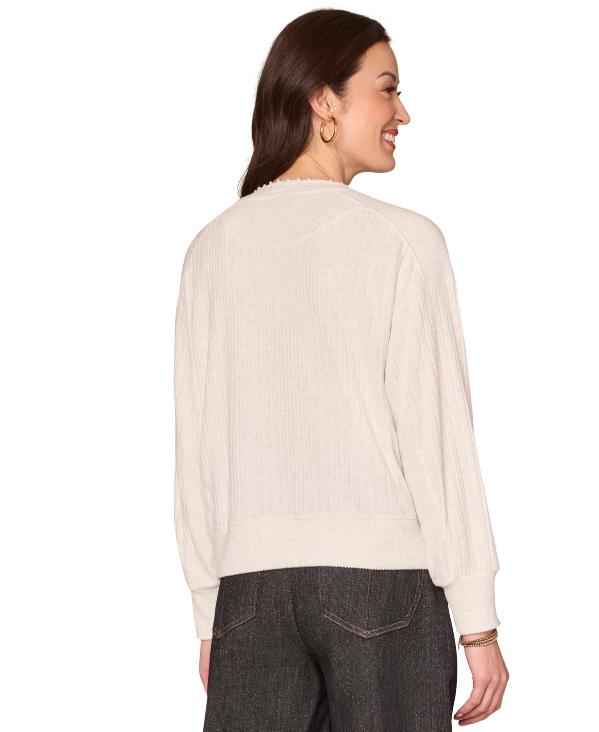 Democracy Petite Long Sleeve Mixed-media Scoop Neck Top In White
