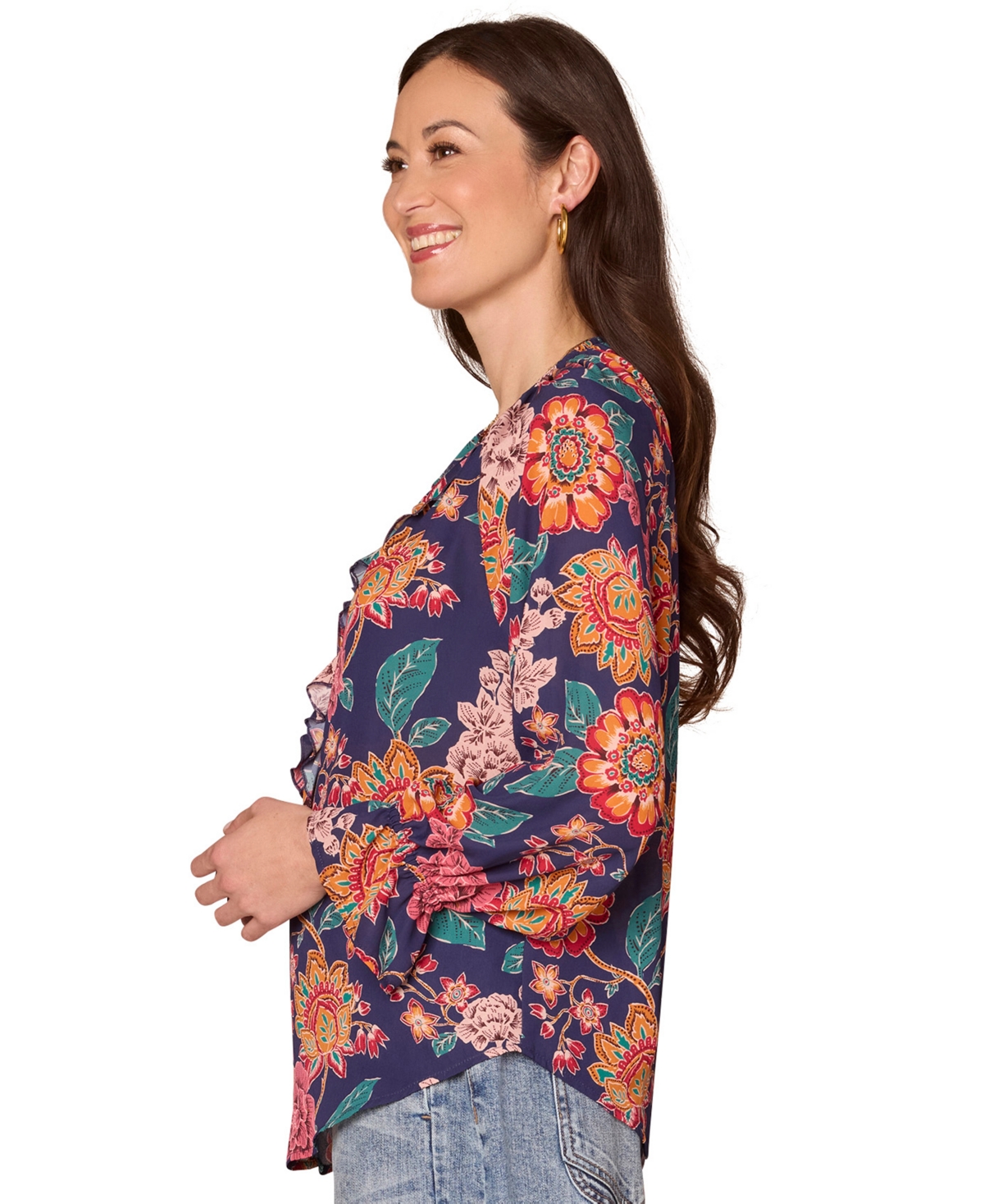 Democracy Petite Long Flounce Sleeve Top In Multi