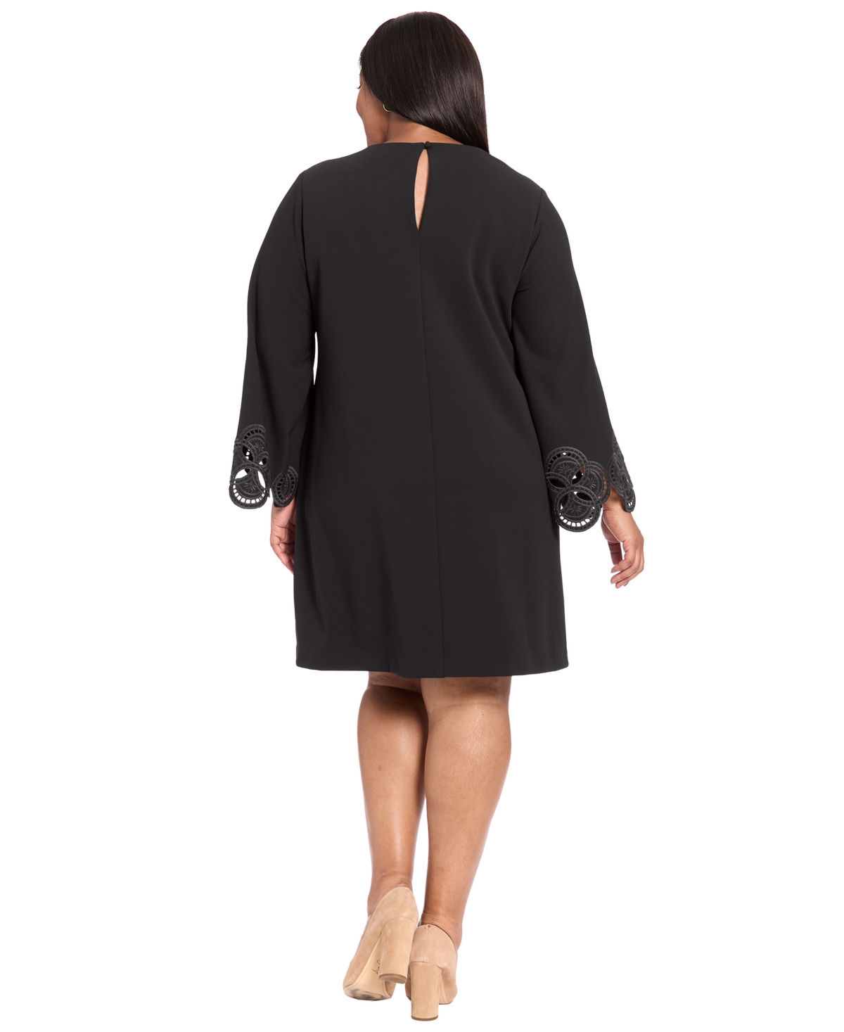 London Times Plus Size Lasercut Long Sleeve Swing Dress In Black