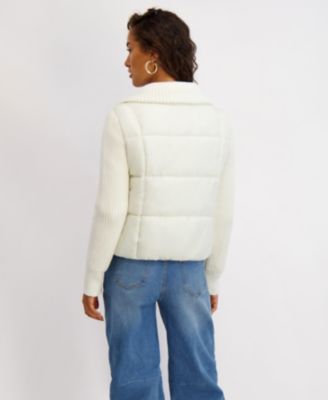 Women's Mixed Media Short Puffer with Knit Sleeves & Collar