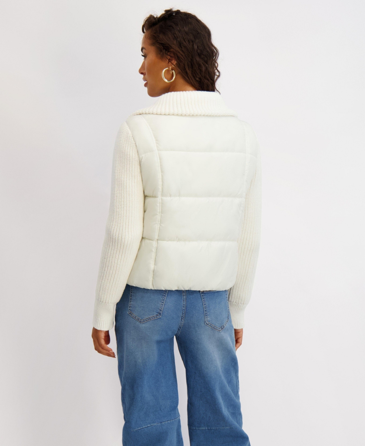 Kensie Women's Mixed Media Short Puffer with Knit Sleeves & Collar