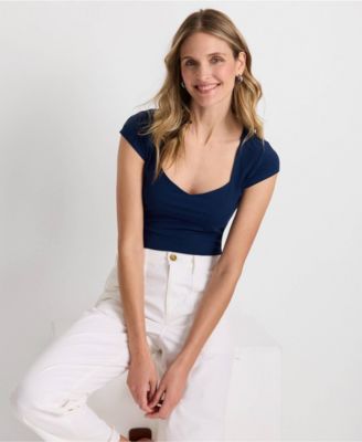 Women's Cap Sleeve Tugless Double Layer Sweetheart Knit Top