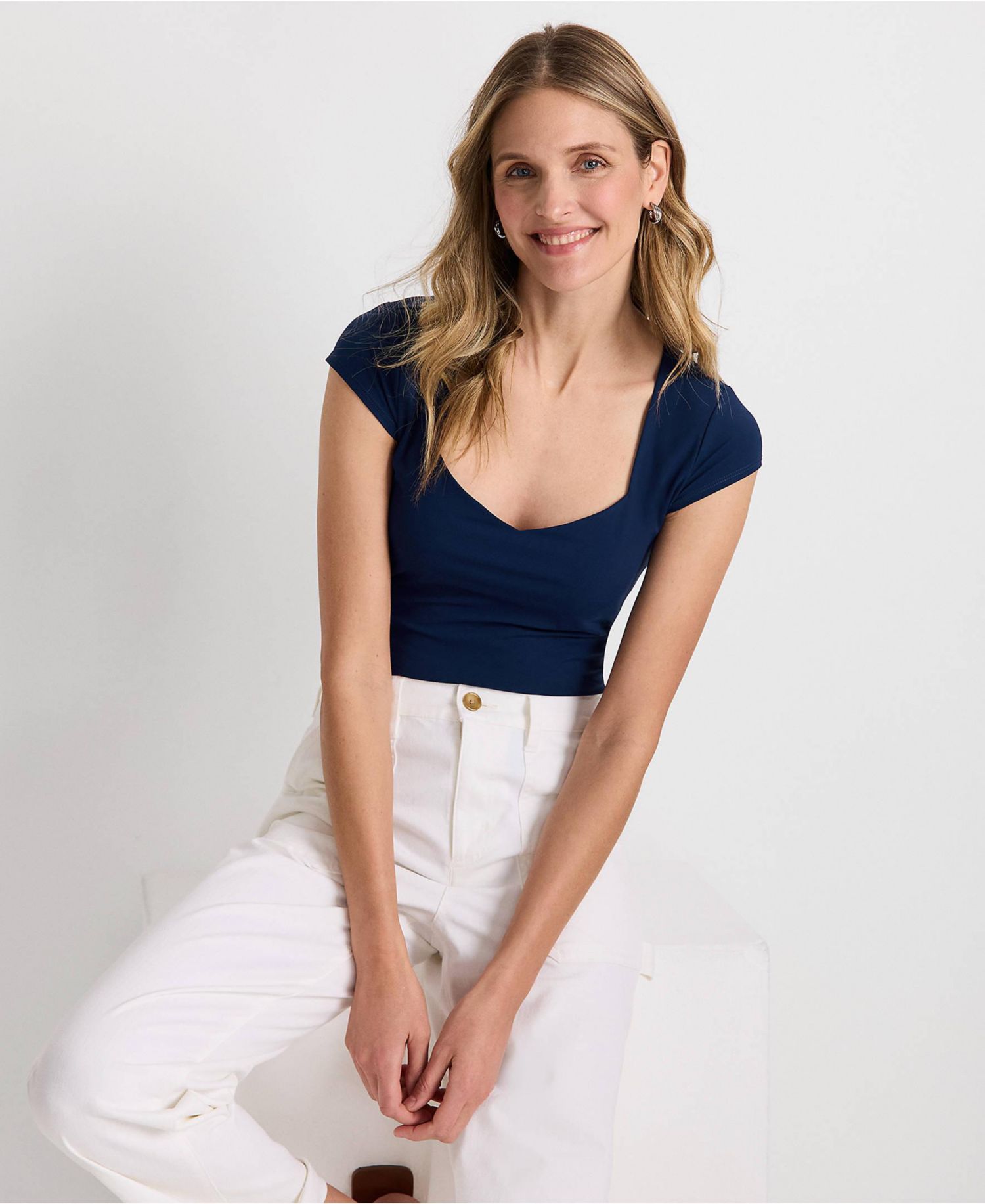 Women's Cap Sleeve Tugless Double Layer Sweetheart Knit Top