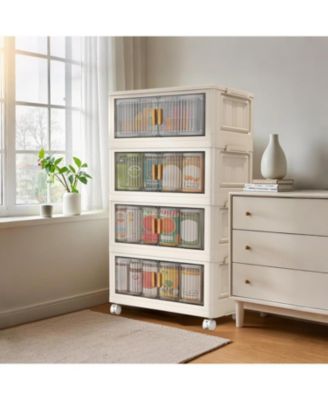 Stackable Storage Bins With Lids, 4-Tier Folding Storage Box,With Doors and Wheels, Collapsible Plastic Storage Bins- for Clothing, Toys