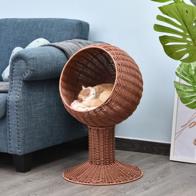 Brown Rattan Egg Chair Cat Bed with Cushion