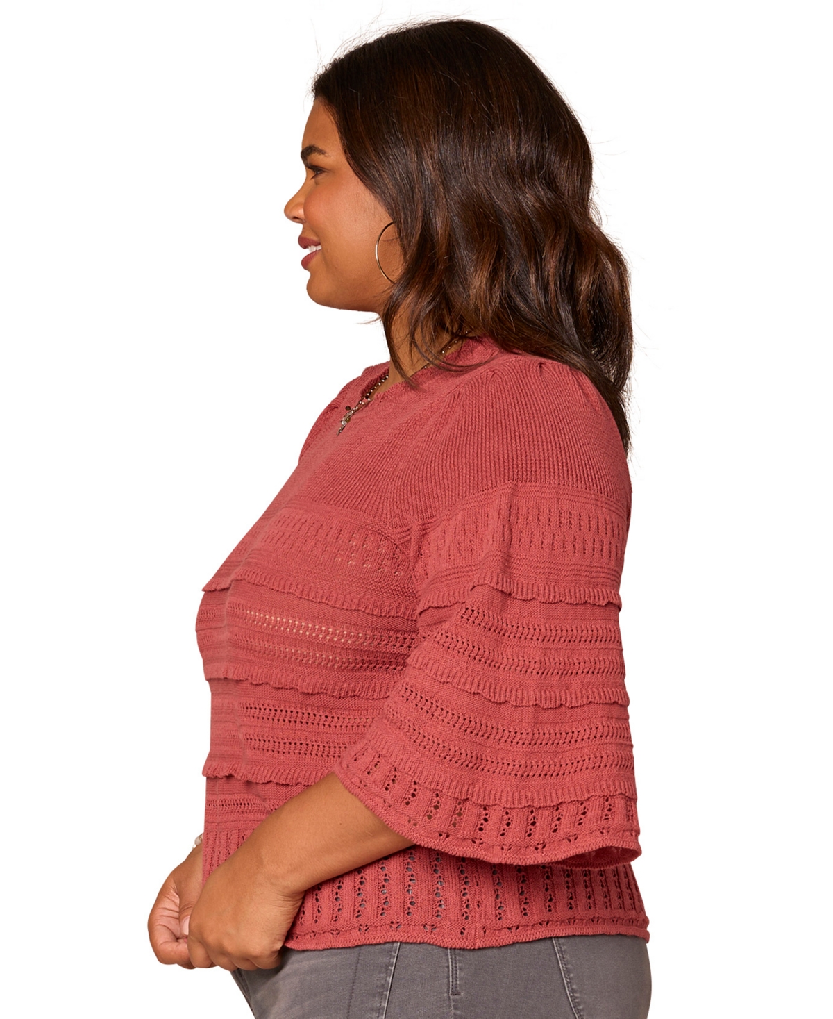 Democracy Plus Size Bell-sleeve Round Neck Sweater In Pink