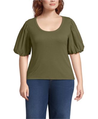 Women's Plus Size Drapey Rib Puff Sleeve Scoop Neck Top