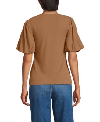 Women's Petite Drapey Rib Puff Sleeve Scoop Neck Top