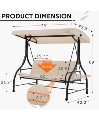 3 Seats Porch Swing Chair with Adjustable Backrest & Canopy