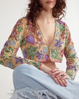 Women's Star And Heart Embellished Crop Jacket