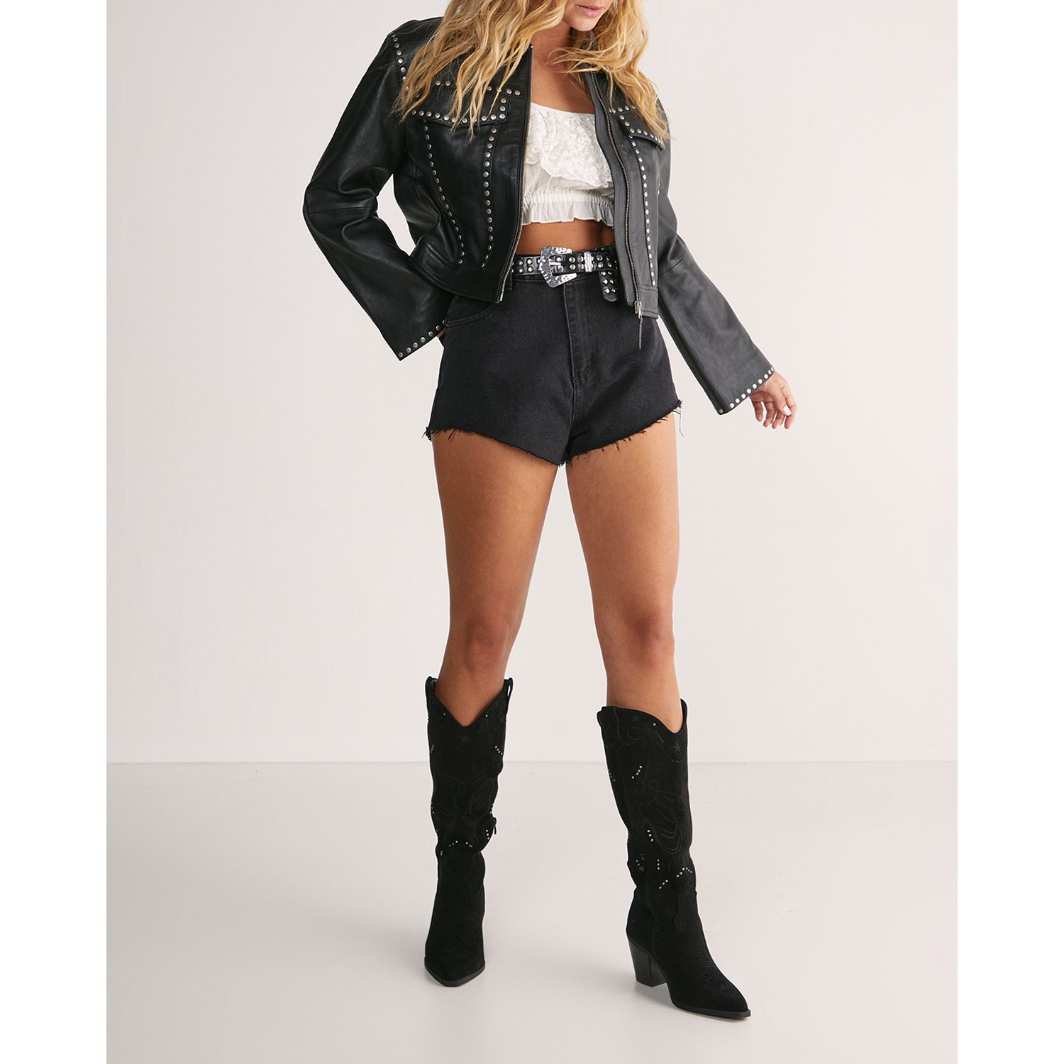 Women's Leather Studded Cropped Jacket