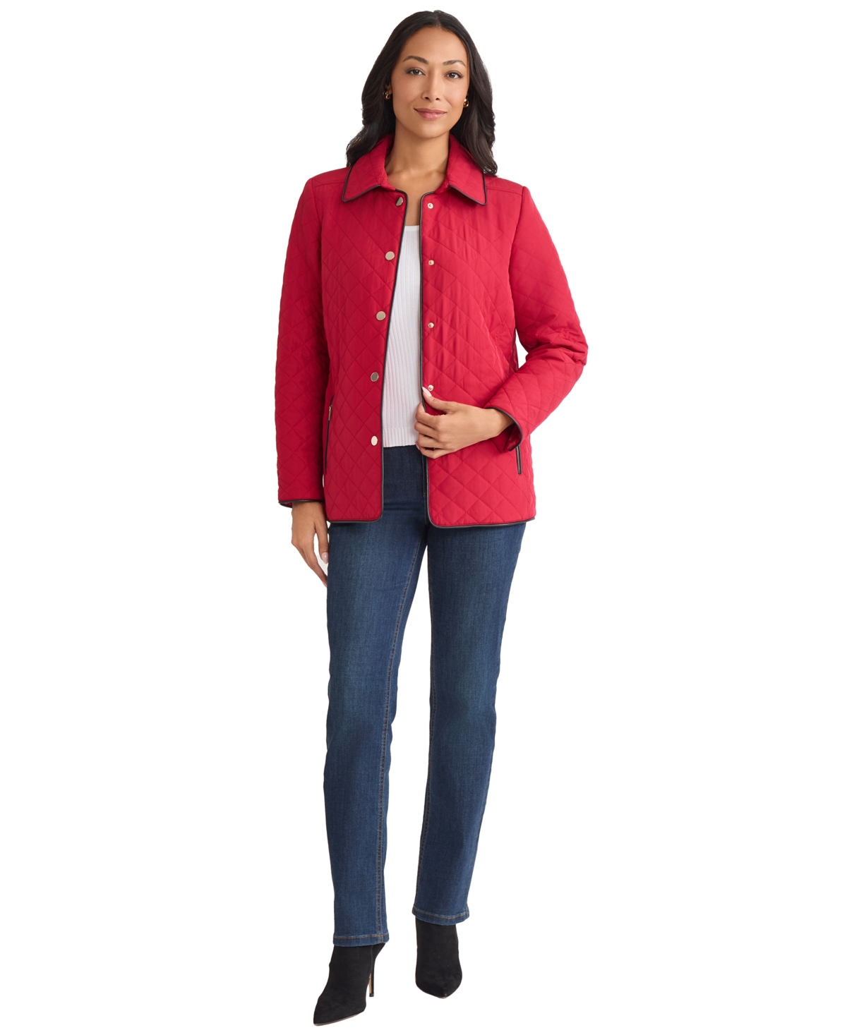 Jones New York Quilted Snap Front Jacket In Red